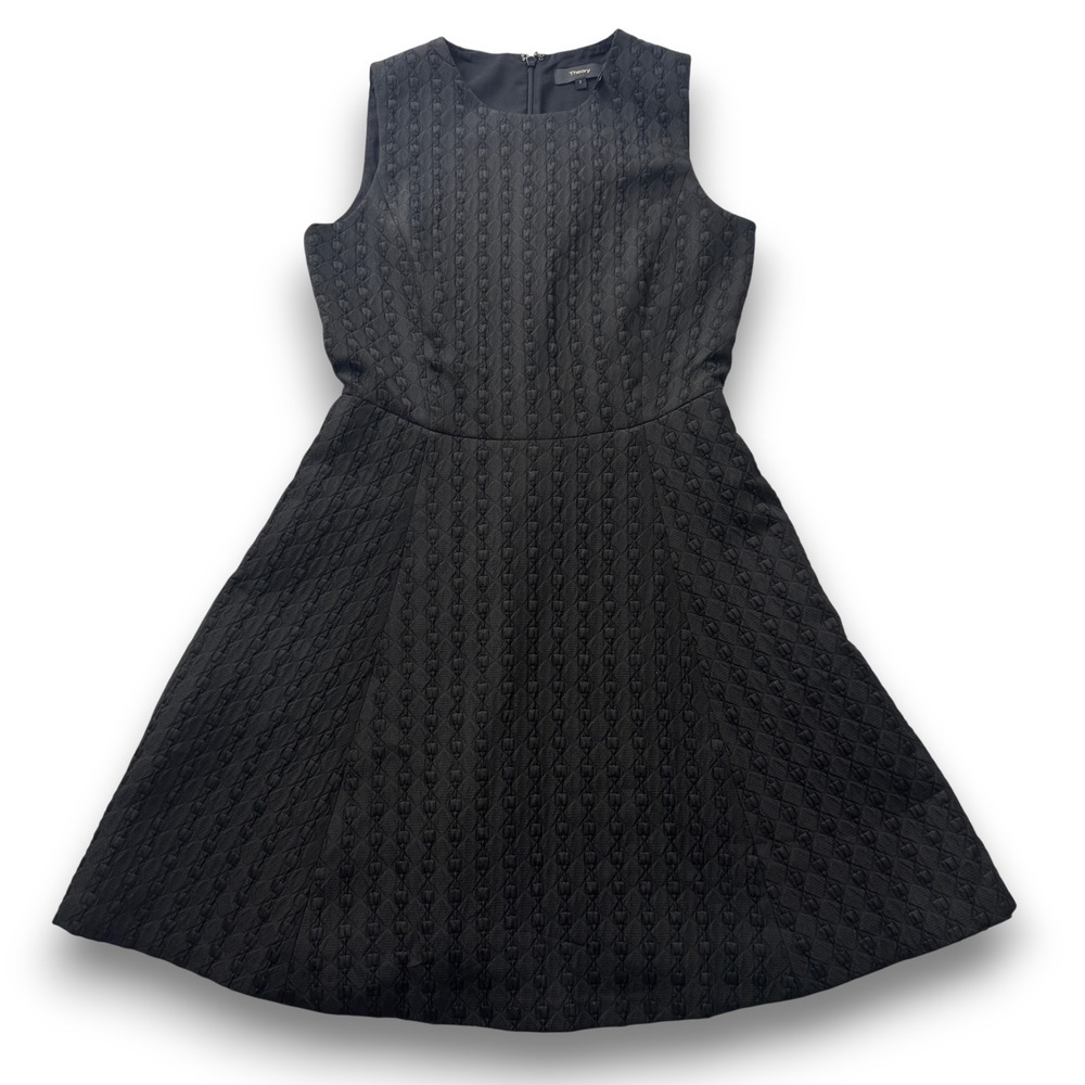 Theory Women Black Textured Jacquard Sleeveless Fit and Flare Dress Size 2